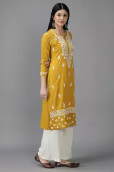 Hand Embroidered Lucknowi Chikankari Mustard Cotton Kurta