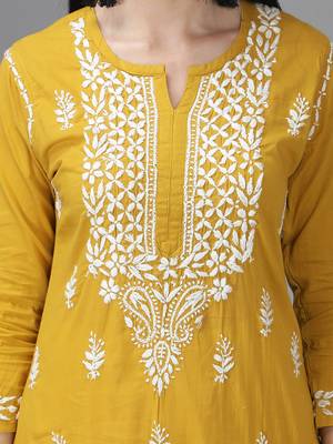 Hand Embroidered Lucknowi Chikankari Mustard Cotton Kurta 4