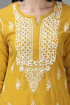 Hand Embroidered Lucknowi Chikankari Mustard Cotton Kurta