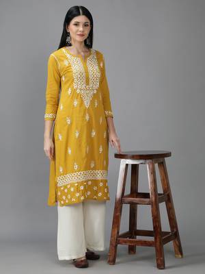 Hand Embroidered Lucknowi Chikankari Mustard Cotton Kurta 5