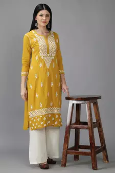Hand Embroidered Lucknowi Chikankari Mustard Cotton Kurta