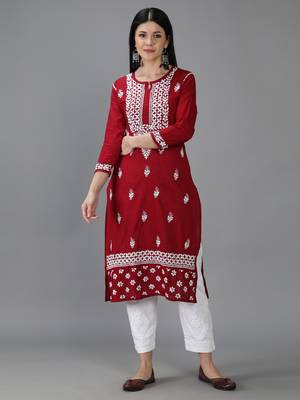 Hand Embroidered Lucknowi Chikankari Maroon Cotton Kurta 1