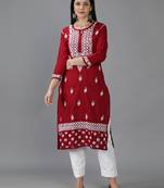 Hand Embroidered Lucknowi Chikankari Maroon Cotton Kurta