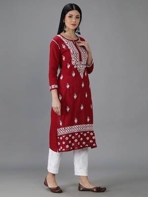 Hand Embroidered Lucknowi Chikankari Maroon Cotton Kurta 3