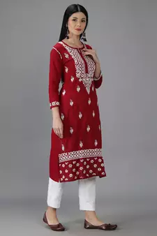 Hand Embroidered Lucknowi Chikankari Maroon Cotton Kurta