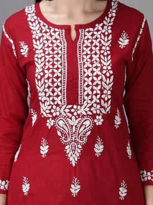 Hand Embroidered Lucknowi Chikankari Maroon Cotton Kurta 4