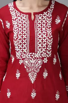 Hand Embroidered Lucknowi Chikankari Maroon Cotton Kurta