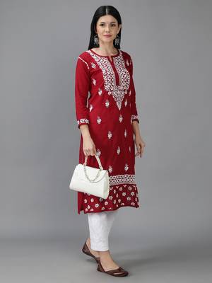 Hand Embroidered Lucknowi Chikankari Maroon Cotton Kurta 5