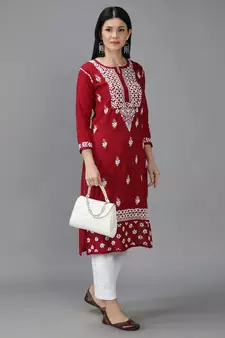 Hand Embroidered Lucknowi Chikankari Maroon Cotton Kurta