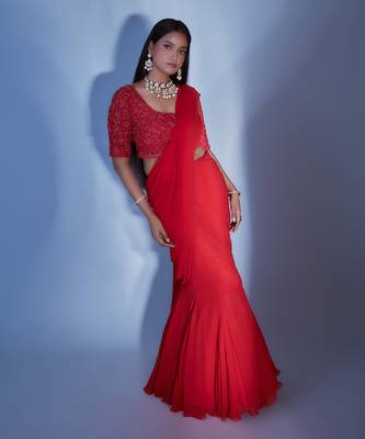 Predraped Red Georgette Saree With  Embroidered Jaal Blouse  1