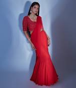 Predraped Red Georgette Saree With  Embroidered Jaal Blouse 