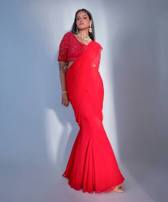 Predraped Red Georgette Saree With  Embroidered Jaal Blouse  2