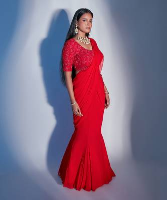 Predraped Red Georgette Saree With  Embroidered Jaal Blouse  3