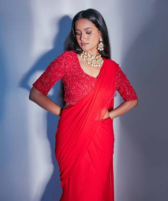 Predraped Red Georgette Saree With  Embroidered Jaal Blouse  4