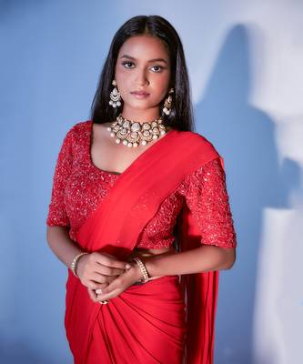 Predraped Red Georgette Saree With  Embroidered Jaal Blouse  5