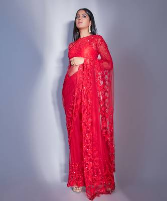 Hand Embroidered Red Floral Saree With Striped Sequin Blouse  2