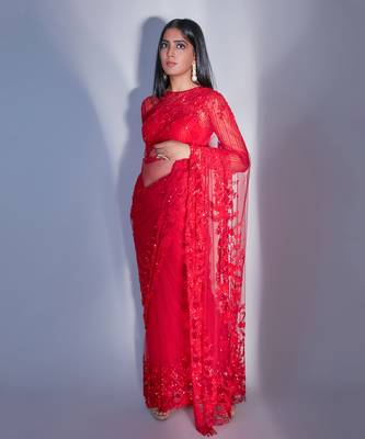 Hand Embroidered Red Floral Saree With Striped Sequin Blouse  3