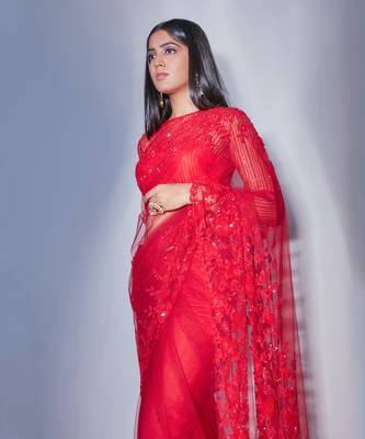 Hand Embroidered Red Floral Saree With Striped Sequin Blouse  4