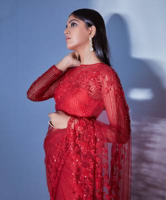 Hand Embroidered Red Floral Saree With Striped Sequin Blouse  5