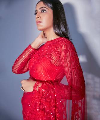 Hand Embroidered Red Floral Saree With Striped Sequin Blouse  6