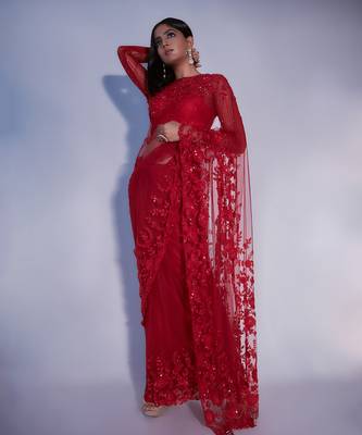 Hand Embroidered Red Floral Saree With Striped Sequin Blouse  8