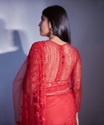 Hand Embroidered Red Floral Saree With Striped Sequin Blouse  9