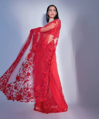 Hand Embroidered Floral Saree With Embroidered Bustier Blouse  3