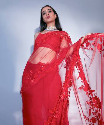 Hand Embroidered Floral Saree With Embroidered Bustier Blouse  4