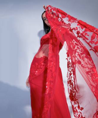 Hand Embroidered Floral Saree With Embroidered Bustier Blouse  5
