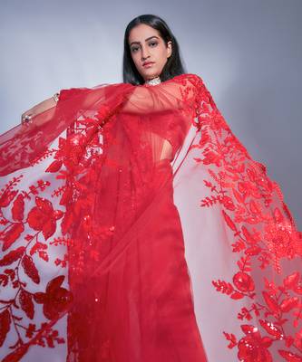 Hand Embroidered Floral Saree With Embroidered Bustier Blouse  7