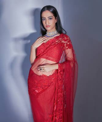Hand Embroidered Floral Saree With Embroidered Bustier Blouse  8