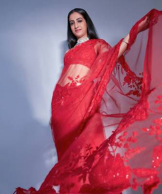 Hand Embroidered Floral Saree With Embroidered Bustier Blouse  9