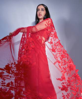 Hand Embroidered Floral Saree With Embroidered Bustier Blouse  10