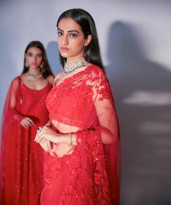 Hand Embroidered Floral Saree With Embroidered Bustier Blouse  12