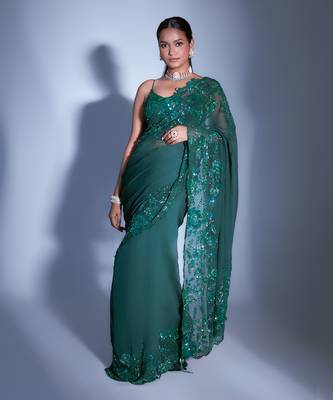 Hand Embroidered Floral Emerald Saree 1