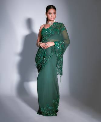 Hand Embroidered Floral Emerald Saree 2