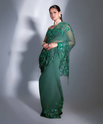 Hand Embroidered Floral Emerald Saree 3