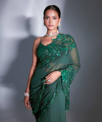 Hand Embroidered Floral Emerald Saree 4