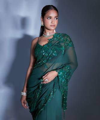 Hand Embroidered Floral Emerald Saree 5
