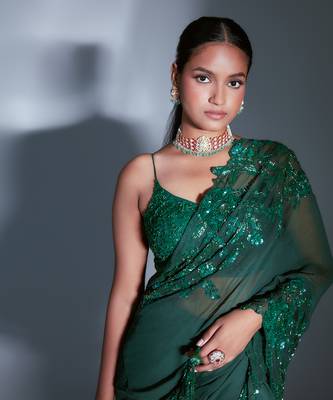 Hand Embroidered Floral Emerald Saree 6