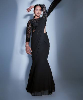 Pre Stiched Black Saree With Full Sleeve Blouse  3