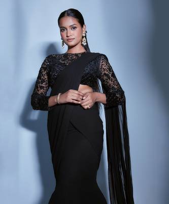 Pre Stiched Black Saree With Full Sleeve Blouse  4