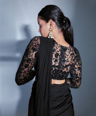 Pre Stiched Black Saree With Full Sleeve Blouse  5