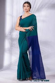 Teal Pure Cotton handwoven soft Saree