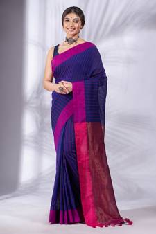 Royal Blue Cotton  handwoven soft Saree with zari pallu