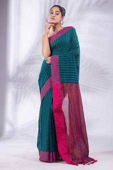 Teal Cotton  handwoven soft Saree with zari pallu