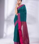 Teal Cotton  handwoven soft Saree with zari pallu