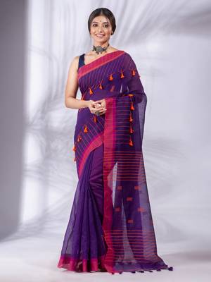 Purple Cotton Blend handwoven soft Saree with pom pom 1