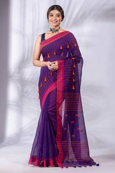 Purple Cotton Blend handwoven soft Saree with pom pom