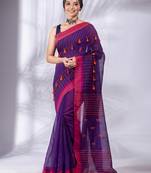 Purple Cotton Blend handwoven soft Saree with pom pom